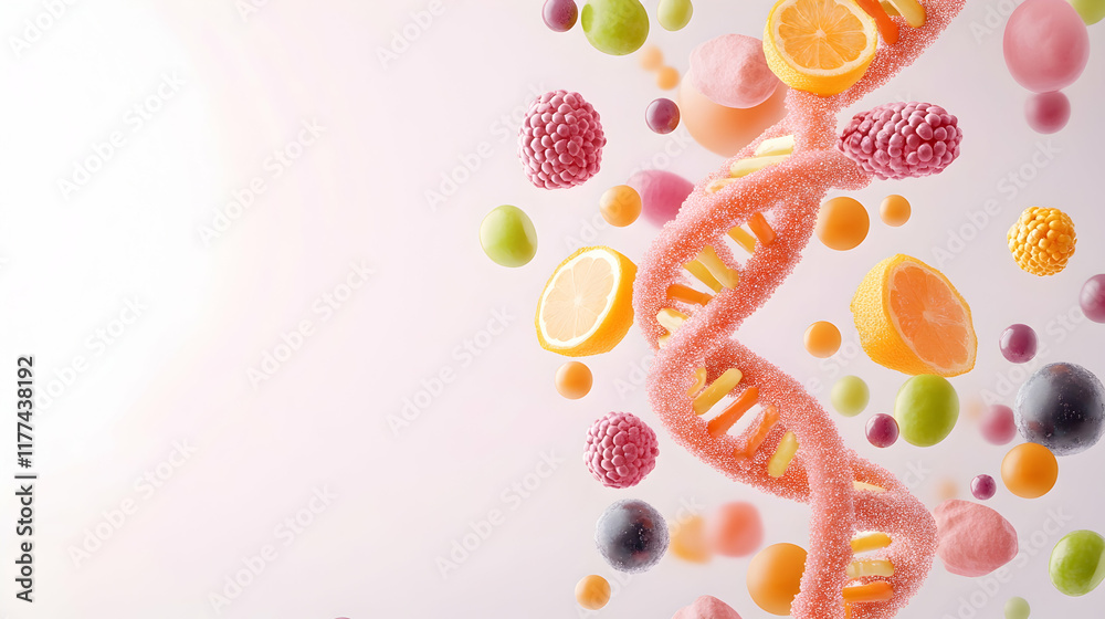 Colorful fruit and DNA helix float against a white background; health, nutrition, and genetics concept; ideal for health websites or educational materials. Colorful fruit and DNA helix float against a white background; health, nutrition, and genetics concept; ideal for health websites or educational materials.