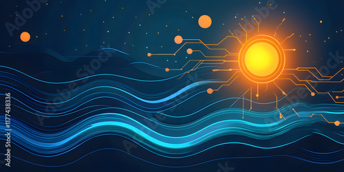 abstract circuit inspired design featuring vibrant waves and glowing sun, symbolizing energy and innovation in digital landscape photo