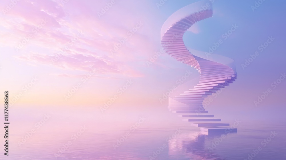 Obraz premium Enchanting Spiral Staircase in Dreamlike Setting | Pastel Twilight Sky, Misty Lake | Ultra-Detailed Lucid Dream Concept Artwork