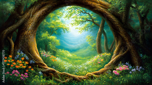 Enchanting forest scene with a magical tree archway revealing a sunlit meadow. Ideal for fantasy, fairytale, or nature themes. photo