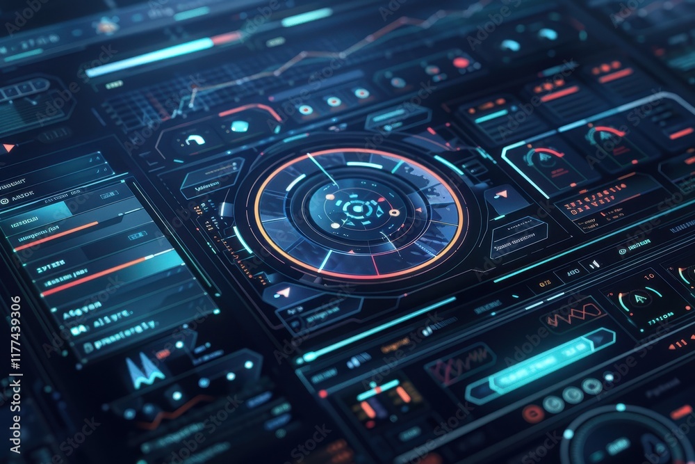 Futuristic Interface with a Central Control Panel and Data Displays Futuristic Interface with a Central Control Panel and Data Displays