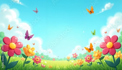 Playful garden background with colorful cartoon flowers blooming under a bright blue sky