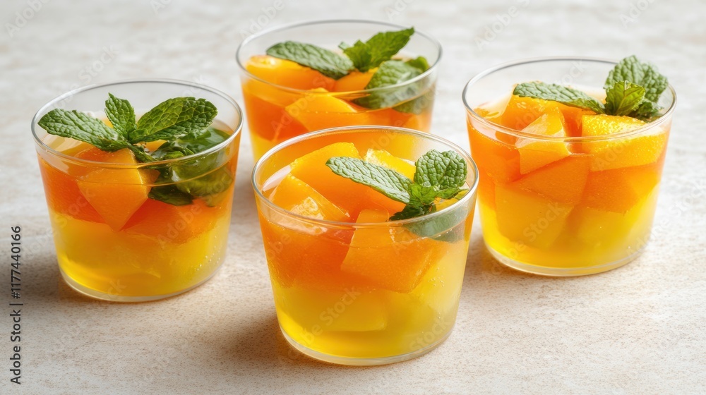 Fototapeta premium Colorful fruit jelly cups topped with mint leaves, perfect for a refreshing dessert.