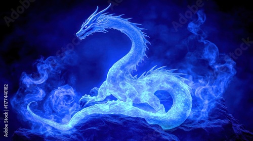 Mythical blue dragon, fire, smoke, fantasy creature, mythical beast, glowing, ethereal, powerful, majestic, legendary, ancient,  spiritual, mystical,  art, digital art,  design,  illustration,  fantas photo