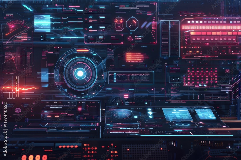 Obraz premium Futuristic Cybernetic Interface with Glowing Displays and Digital Data