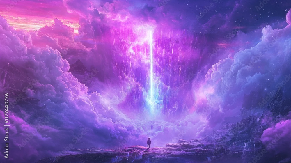 Fototapeta premium Gravity-Defying Waterfall: Traveler Mesmerized by Reverse Cascade in Lucid Dream Concept Artwork