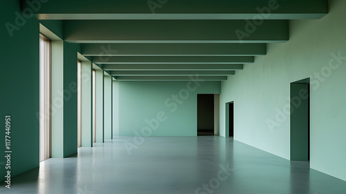 empty room with pastel aqua walls, large windows, and minimal decor creates serene atmosphere. spacious design emphasizes simplicity and tranquility