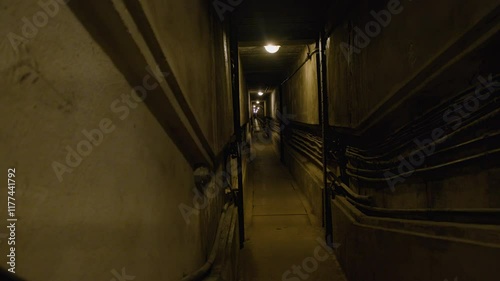 A long, narrow underground tunnel with concrete walls and ceiling, lined with utility cables on the sides. Overhead lights create a repetitive glow, fading into the distance. photo