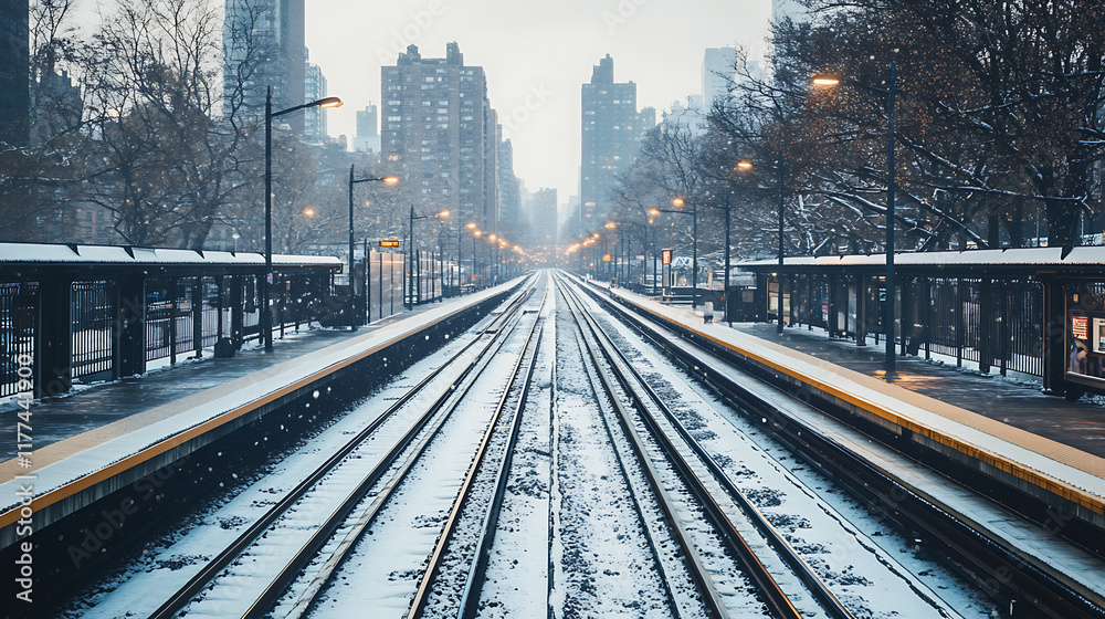 Railway tracks in a serene mood during winter in an urban setting Railway tracks in a serene mood during winter in an urban setting