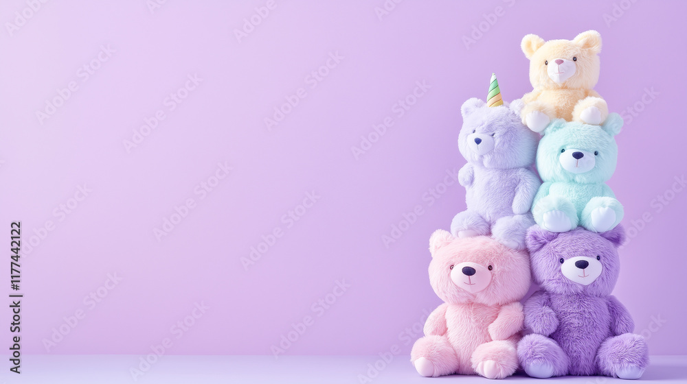 The stack of plush animals is visually engaging and playful. Pastel purple background. The stack of plush animals is visually engaging and playful. Pastel purple background.