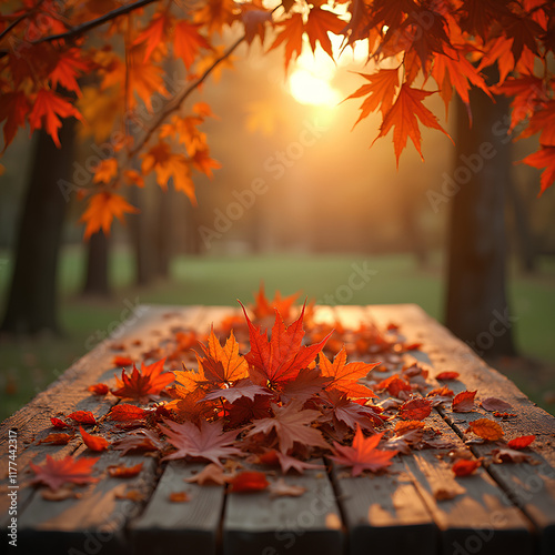 Arrière-plan automnal avec feuilles rouges : Décor naturel baigné de lumière pour des présentations de saison, Thanksgiving ou vitrines festives
