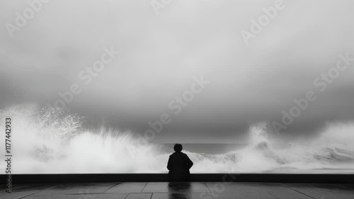 Lonely sad woman sits on a seaside. Concept of loneliness, melancholy and depression. Black and white video.