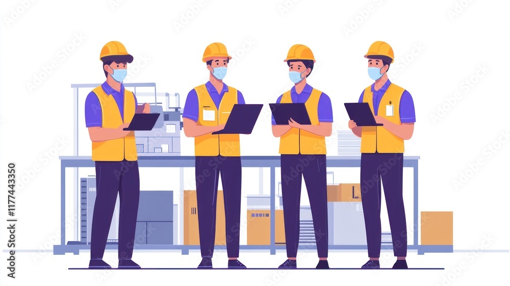 Four workers in safety gear discussing plans in a warehouse setting. Four workers in safety gear discussing plans in a warehouse setting.