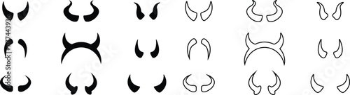 Devil horn icon set. Black vector flat and line demon or satan Halloween carnial elements collection. Mobil app attributes template design symbol isolated on transparent background.