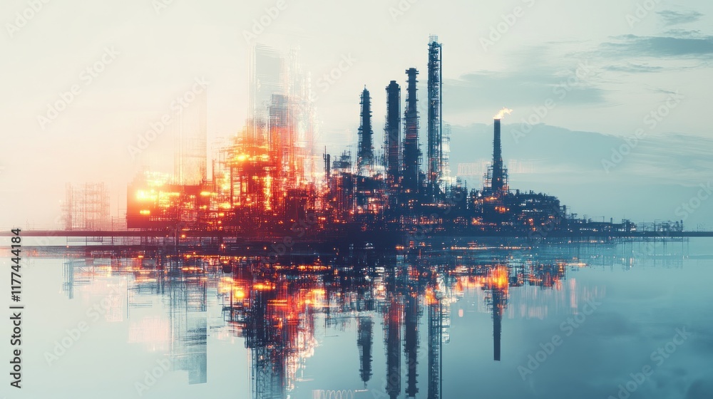 Fototapeta premium Futuristic industrial landscape with reflections, showcasing energy production and technology.