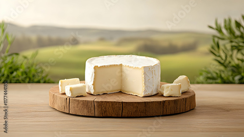 Creamy cheese wheel on wooden board, idyllic countryside backdrop; perfect for food blogs or cheese packaging.