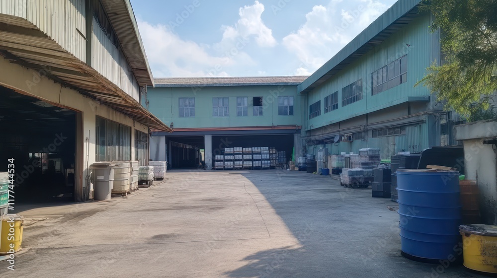 Industrial area with warehouses and storage barrels under a clear sky. Industrial area with warehouses and storage barrels under a clear sky.