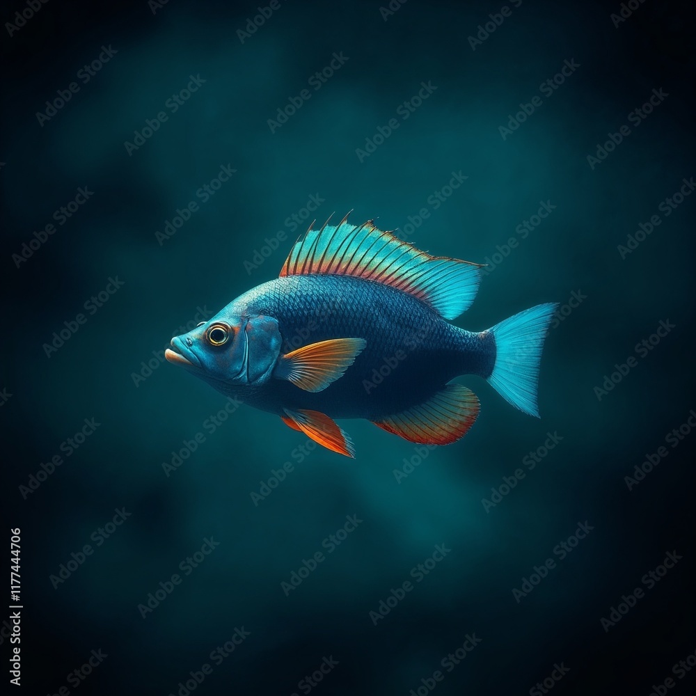 Fototapeta premium Blue and orange tropical fish in deep aquatic setting.