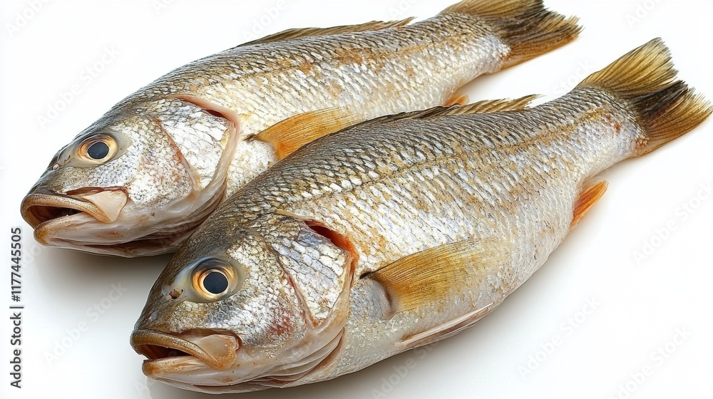 Fresh Raw Fish, Two Whole Fish on White Background Fresh Raw Fish, Two Whole Fish on White Background