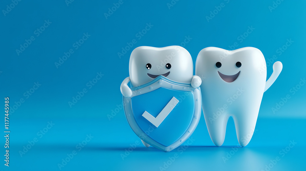 Friendly tooth duo with blue shield on azure Friendly tooth duo with blue shield on azure