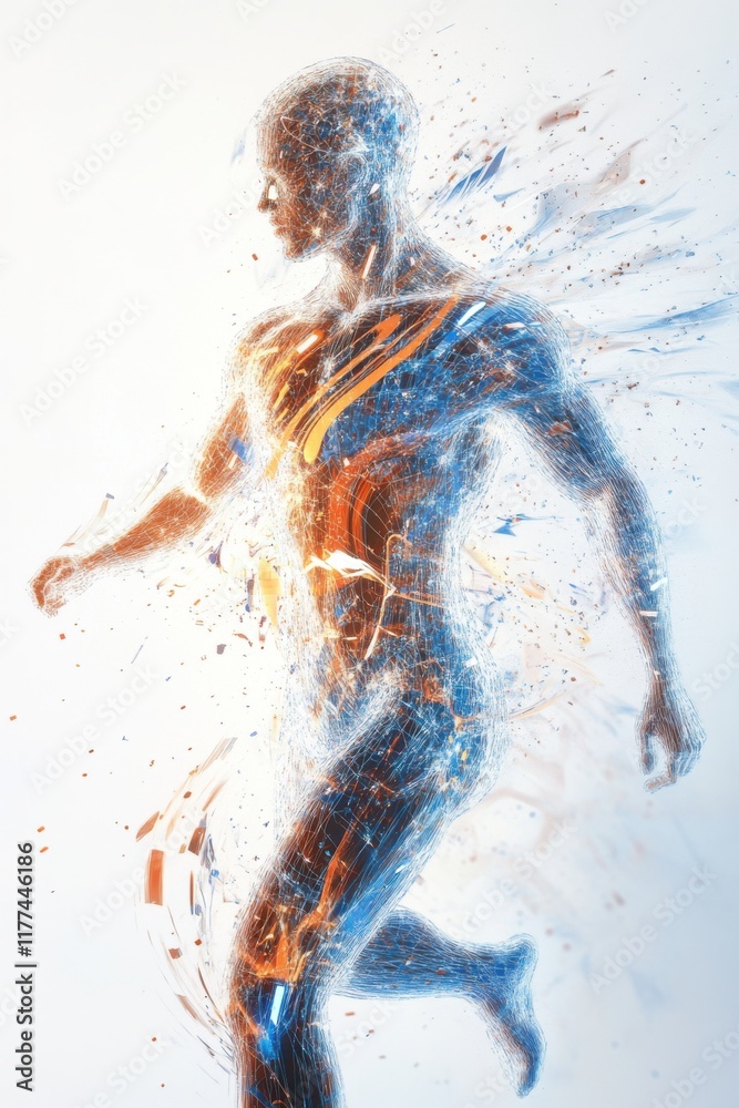 Fototapeta premium Abstract Digital Human Running, Energy Flow, Kinetic Art, Motion Blur, Digital Painting, Futuristic Athlete, Human Anatomy, Networked Body