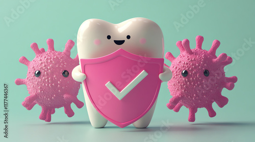 Brave tooth character defending against virus symbols