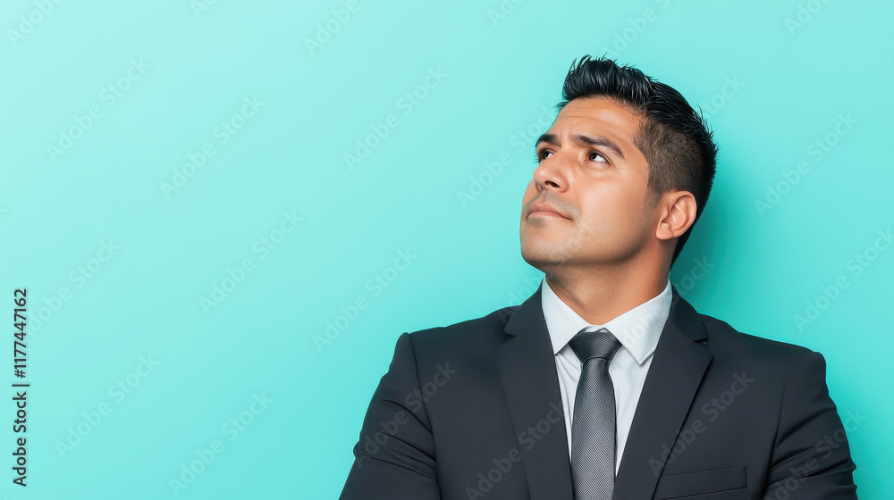 Confident businessman in suit looking up with thoughtful expression Confident businessman in suit looking up with thoughtful expression