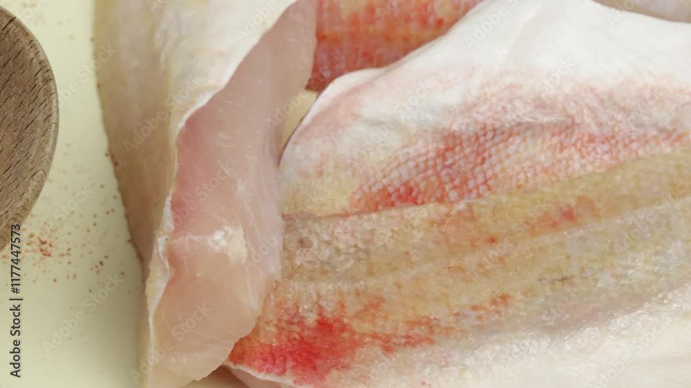 filet de poisson rouget, en gros plan, dans une assiette