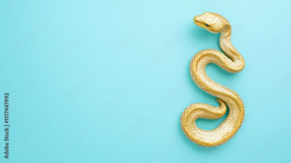 Fototapeta premium Golden snake figurine on light blue background symbolizing elegance and creativity