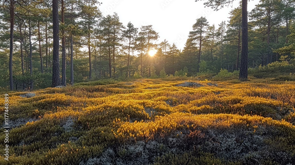Fototapeta premium Golden sunset illuminating mossy forest floor in tranquil woods