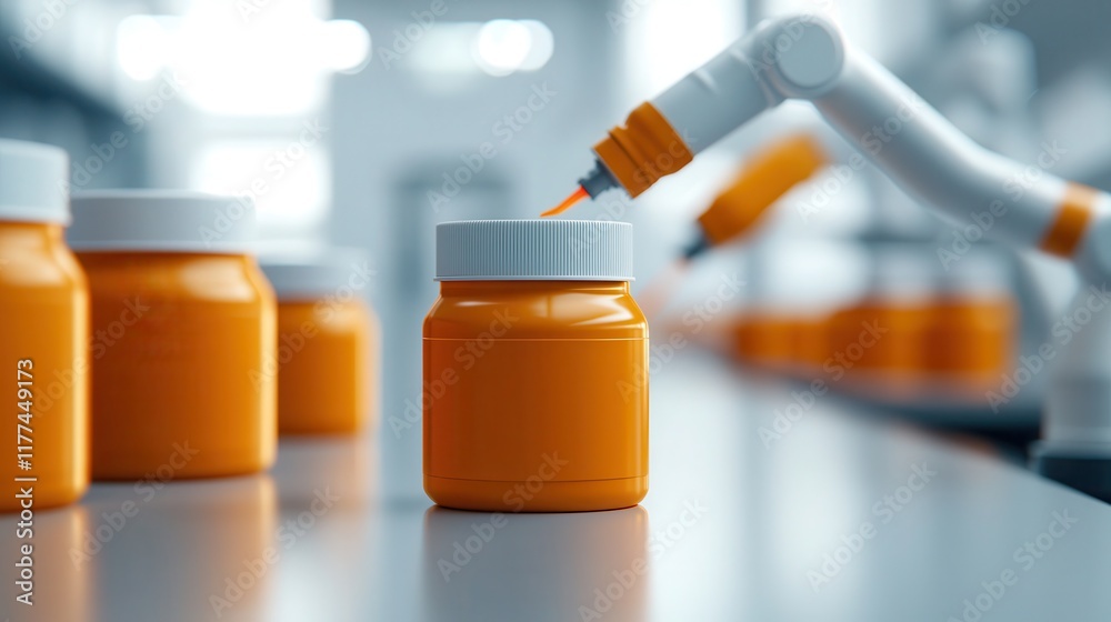 Robotic arm filling orange jar in a modern industrial setting Robotic arm filling orange jar in a modern industrial setting
