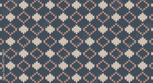 Pink geometric on blue knitted pattern, Festive Sweater Design. Seamless Knitted Pattern