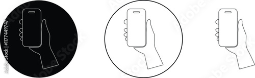 Human hand holding touchscreen mobile phone icons set for mock up, communication, element technology design black vector flat and line collection isolated on transparent background.