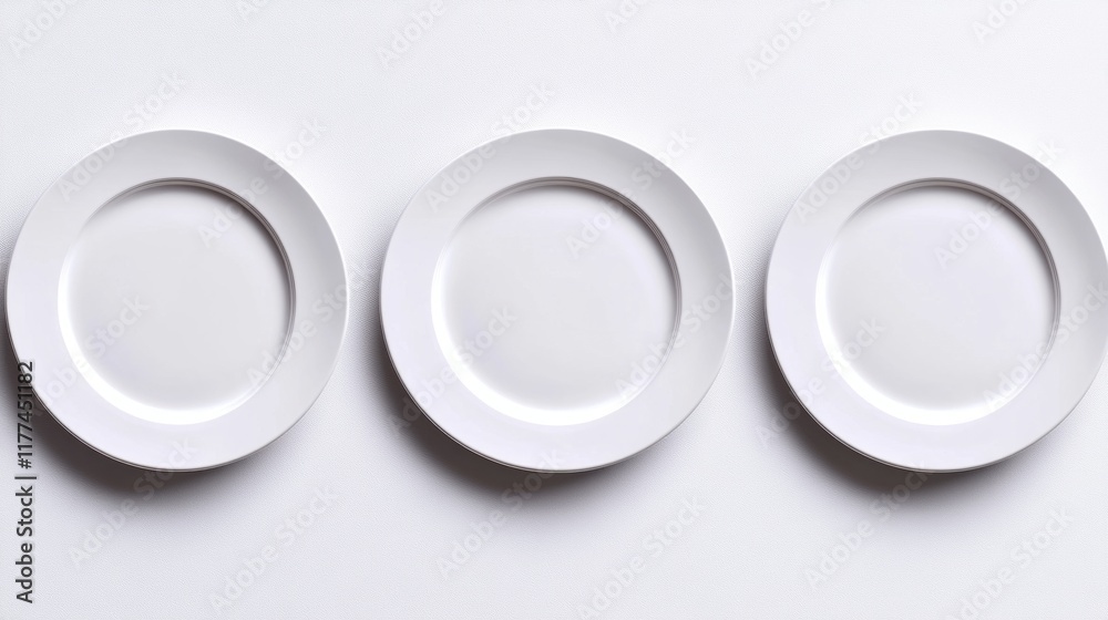 Three Empty White Plates on White Background Three Empty White Plates on White Background
