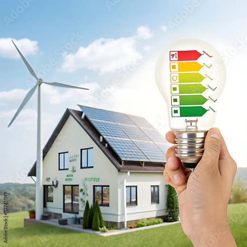 House energy efficiency or energy saving rate for reduce carbon footprint. Hand hold light bulb with energy efficient rating class concept to save cost green energy.  photo