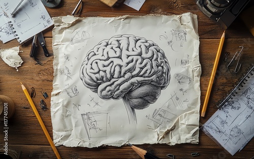 A detailed pencil drawing of a human brain on crumpled paper, surrounded by scattered sketches and notes on a rustic wooden worktable, illuminated by warm ambient light