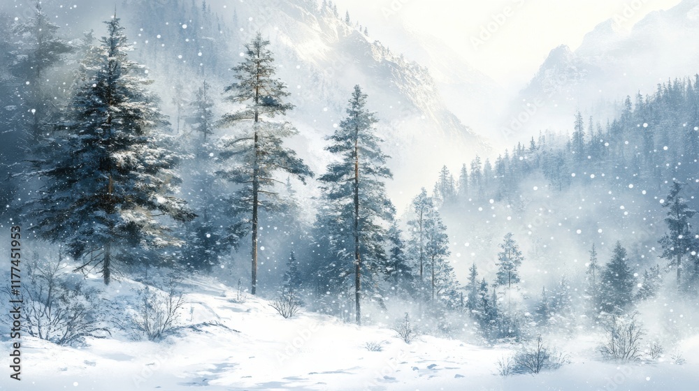 Naklejka premium Winter Wonderland Snowfall in a Mountain Forest