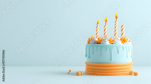 Festive birthday cake with candles, light blue background, celebration, greeting card design.