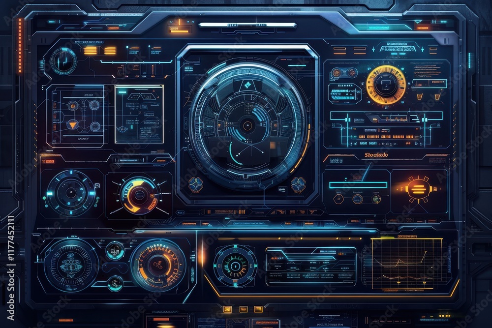 Fototapeta premium Futuristic Sci-Fi Interface with Multiple Displays and Controls