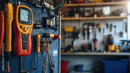 Organized tools and equipment displayed on a pegboard wall in a workshop.  Colorful electrical testing instruments, wires, and various hardware components are neatly hung, highlighting meticulous orga photo