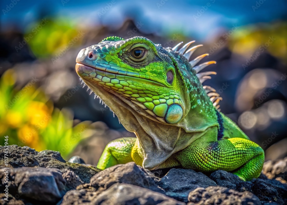 Iguana Basking on Volcanic Rock: A Candid Portrait of Wildlife in its Natural Habitat Iguana Basking on Volcanic Rock: A Candid Portrait of Wildlife in its Natural Habitat