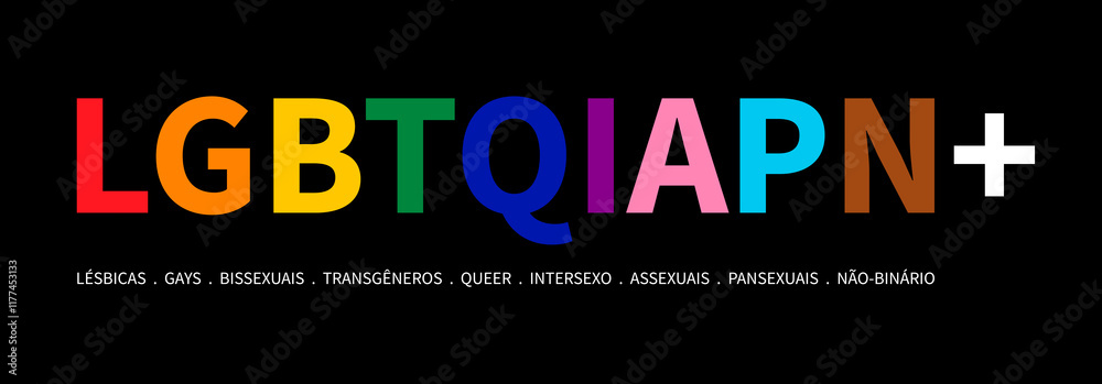 LGBTQIAPN+ typography in Portuguese version on black