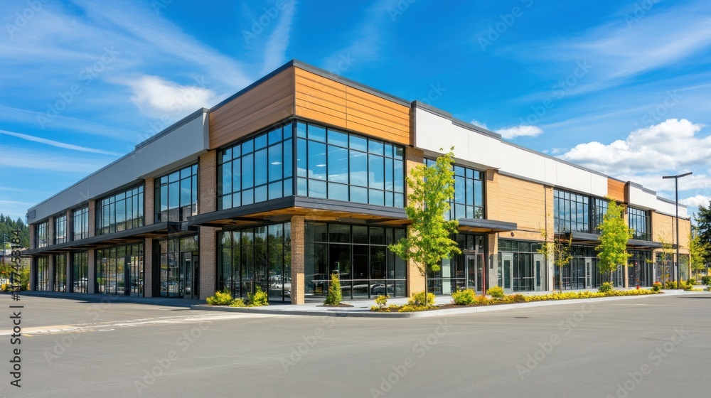 Modern commercial building with large glass windows and landscaping. Modern commercial building with large glass windows and landscaping.