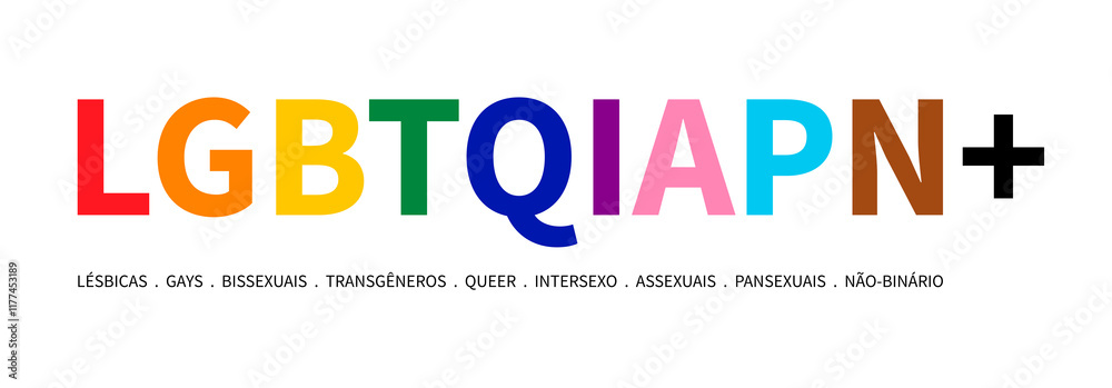 LGBTQIAPN+ typography in Portuguese version on white