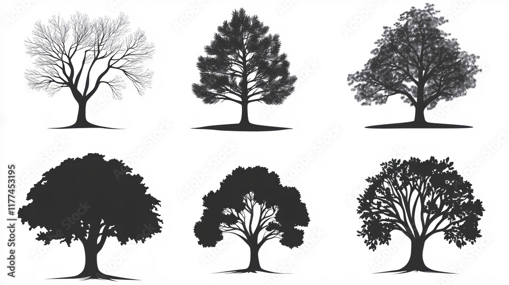 Fototapeta premium Diverse Silhouettes of Trees in Various Shapes and Styles for Nature Themes
