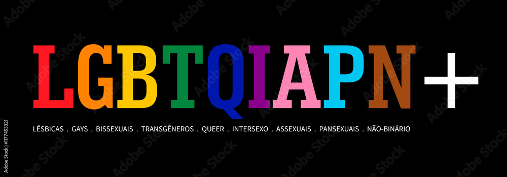 LGBTQIAPN+ typography in Portuguese version on black