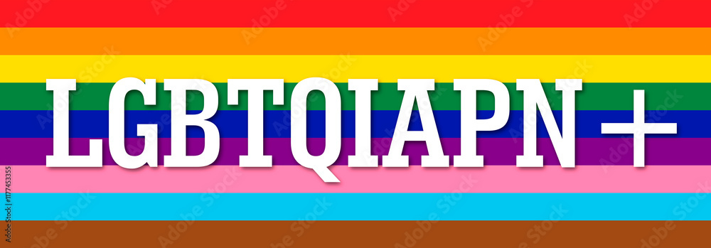 LGBTQIAPN+ typography in Portuguese version on colorful stripes background