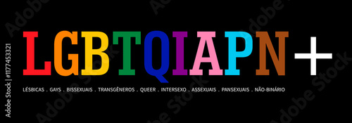 Obraz na płótnie LGBTQIAPN+ typography in Portuguese version on black w salonie