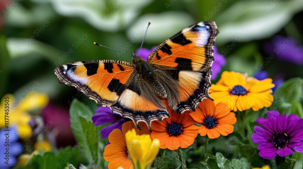 Obraz premium A butterfly is sitting on a flower in a garden