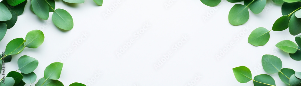 Fresh green leaves forming a natural frame on a bright white background, perfect for nature-themed designs. Fresh green leaves forming a natural frame on a bright white background, perfect for nature-themed designs.